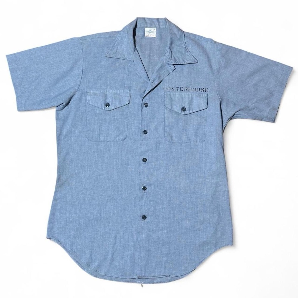 Vintage 1980s US Navy Crew Utility Uniform Button Up Chambray Shirt Medium 22x28